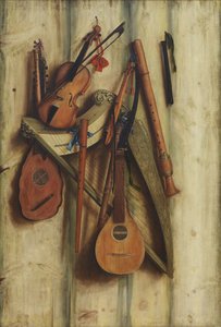 Partition de planche avec instruments de musique. Trompe-l