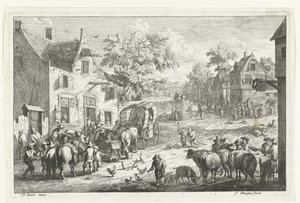 Vue de village avec des voyageurs et des marchands de bétail près d