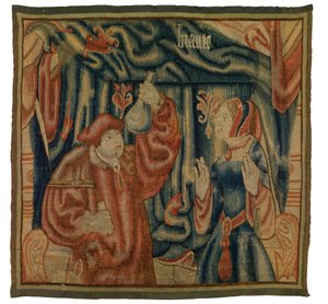 Fragment de tapisserie représentant un intérieur avec médecin et femme, Beauté, français ou flamand, fabriqué au début du XVIe siècle