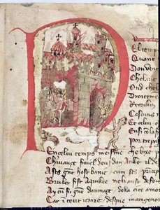 Initiale historiée représentant Attila le Hun (c.406-453) brûlant la ville d