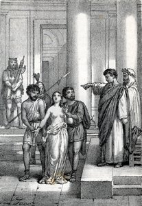 Agnès de Rome amenée nue dans les rues vers un bordel, dessin de « Misteri del Vaticano » par Franco Mistrali