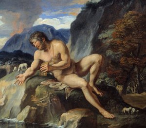 Polyphème le cyclope avec une flûte de Pan, détail de « Acis et Galatée ». La nymphe Galatée et Acis sont observés par le cyclope Polyphème, jaloux de leur amour idyllique. Selon les « Métamorphoses » d