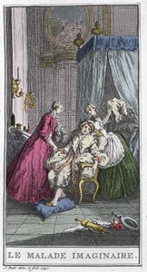Le malade imaginaire. Pièce de théâtre de Jean Baptiste Poquelin dit Molière (1622-1673). Gravure dans « Le malade imaginaire » par T. de Mare d