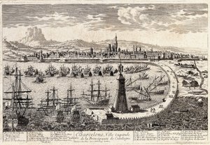 Vue de la ville et du port de Barcelone au 18ème siècle. Gravure de François Antoine Aveline. Barcelone, Museu d