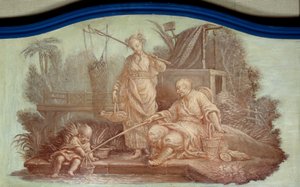 Chinoiserie : Scène de pêche en Chine. Dessus de porte dessiné par François Boucher (1703-1770) - François Boucher