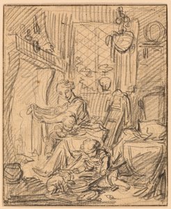 Scène domestique : Mère avec deux petits enfants devant une cheminée - François Boucher