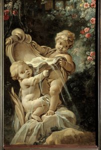 Panneau de porte du salon Demarteau : fontaine avec deux amours - François Boucher