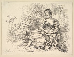 Jeune fille dans un paysage avec un panier de fleurs