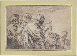 Groupe de statues en demi-figure représentant des hommes et des femmes accompagnés d