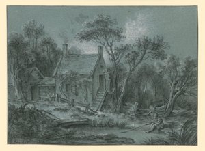 Une maison avec un escalier au milieu des arbres, devant laquelle se trouve un pêcheur - François Boucher