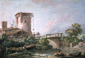 Paysage avec une tour et un pont - François Boucher