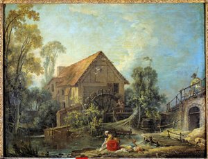Le moulin. Une femme lave le linge dans le ruisseau près d