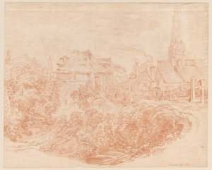 Vue sur les bâtiments ruraux et le clocher de l