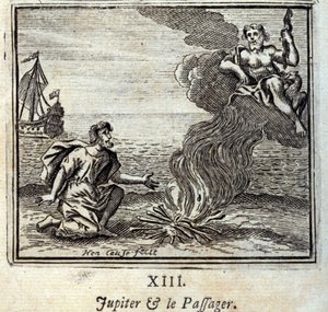 Jupiter et le passager. Fables de Jean de La Fontaine (1621-95). Illustration de François Chauveau (1613-1676). Édition de 1728. - Francois Chauveau