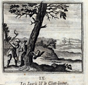 Les souris et le chat huant. Fables de Jean de La Fontaine (1621-95). Illustration de François Chauveau (1613-1676). Édition de 1728. - Francois Chauveau