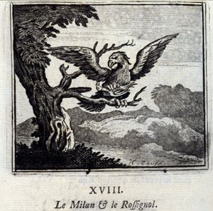 Le milan et le rossignol. Fables de Jean de La Fontaine (1621-95). Illustration de François Chauveau (1613-1676). Édition de 1728. - Francois Chauveau
