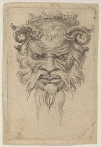 Masque de satyre avec cornes bouclées regardant vers le bas, de Divers Masques