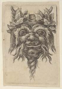 Masque de satyre avec une barbe en spirale et du lierre autour de chaque corne