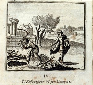 Le brûleur et son compère. Fables de Jean de La Fontaine (1621-95). Illustration par François Chauveau (1613-1676). Édition de 1728. - Francois Chauveau