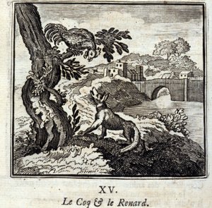 Le coq et le renard. Fables de Jean de La Fontaine (1621-95). Illustration de François Chauveau (1613-1676). Édition de 1728.