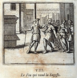 Le fou qui vend la sagesse. Fables de Jean de La Fontaine (1621-95). Illustration de François Chauveau (1613-1676). Édition de 1728. - Francois Chauveau