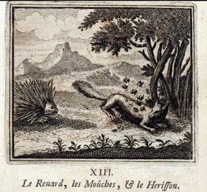 Le renard, les mouches et le hérisson. Fables de Jean de La Fontaine (1621-95). Illustration de François Chauveau (1613-1676). Édition de 1728.