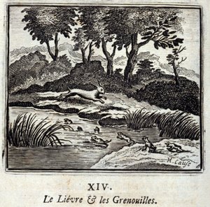 Le lièvre et les grenouilles. Fables de Jean de La Fontaine (1621-95). Illustration par François Chauveau (1613-1676). Édition de 1728.