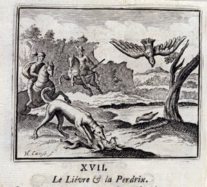 Le lièvre et la perdrix. Fables de Jean de La Fontaine (1621-95). Illustration par François Chauveau (1613-1676). Édition de 1728.