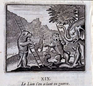 Le lion partant en guerre. Fables de Jean de La Fontaine (1621-95). Illustration par François Chauveau (1613-1676). Édition de 1728. - Francois Chauveau