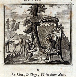 Le lion, le singe et les deux ânes. Fables de Jean de La Fontaine (1621-95). Illustration par François Chauveau (1613-1676). Édition de 1728. - Francois Chauveau