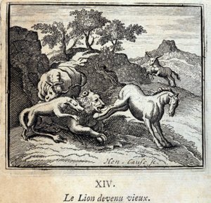 Le lion devenu vieux. Fables de Jean de La Fontaine (1621-95). Illustration de François Chauveau (1613-1676). Édition de 1728. - Francois Chauveau