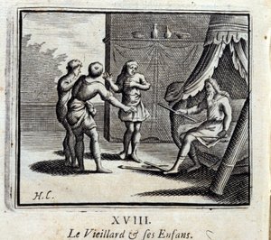 Le vieil homme et ses enfants. Fables de Jean de La Fontaine (1621-95). Illustration de François Chauveau (1613-1676). Édition de 1728.