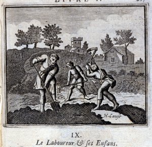 Le pleureur et ses enfants. Fables de Jean de La Fontaine (1621-95). Illustration de François Chauveau (1613-1676). Édition de 1728. - Francois Chauveau