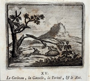 Le Corbeau, la Gazelle, la Tortue et le Rat. Fables de Jean de La Fontaine (1621-95). Illustration de François Chauveau (1613-1676). Édition de 1728.