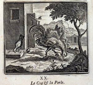 Le coq et la perle. Fables de Jean de La Fontaine (1621-95). Illustration par François Chauveau (1613-1676). Édition de 1728.