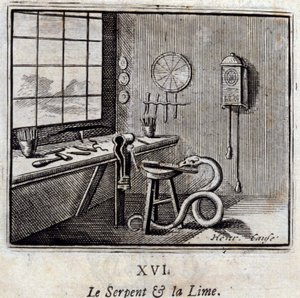 Le serpent et le tilleul. Fables de Jean de La Fontaine (1621-95). Illustration par François Chauveau (1613-1676). Édition de 1728. - Francois Chauveau
