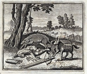 Le loup et le chasseur. Fables de Jean de La Fontaine (1621-95). Illustration de François Chauveau (1613-1676). Édition de 1728. - Francois Chauveau