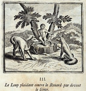 Le loup plaidant contre le renard devant le singe. Fables de Jean de La Fontaine (1621-95). Illustration par François Chauveau (1613-1676). Édition de 1728.