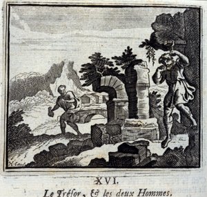 Le trésor et les deux hommes. Fables de Jean de La Fontaine (1621-95). Illustration par François Chauveau (1613-1676). Édition de 1728. - Francois Chauveau