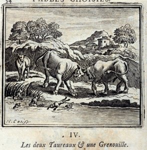 Les deux taureaux et une grenouille. Fables de Jean de La Fontaine (1621-95). Illustration de François Chauveau (1613-1676). Édition de 1728.