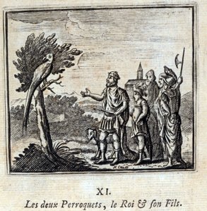 Les deux perroquets, le roi et son fils. Fables de Jean de La Fontaine (1621-95). Illustration de François Chauveau (1613-1676). Édition de 1728. - Francois Chauveau