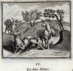 Les deux mulets. Fables de Jean de La Fontaine (1621-95). Illustration de François Chauveau (1613-1676). Édition de 1728. - Francois Chauveau