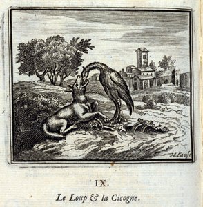 Le loup et la cigogne. Fables de Jean de La Fontaine (1621-95). Illustration de François Chauveau (1613-1676). Édition de 1728.