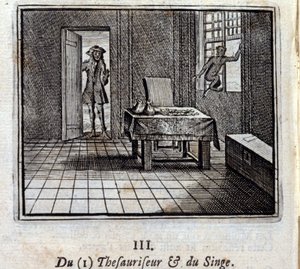 Le thésauriseur et le singe. Fables de Jean de La Fontaine (1621-95). Illustration de François Chauveau (1613-1676). Édition de 1728.