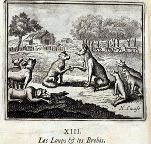 Les loups et les brebis. Fables de Jean de La Fontaine (1621-95). Illustration de François Chauveau (1613-1676). Édition de 1728. - Francois Chauveau