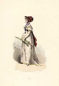 Femme en robe blanche avec garniture couleur paille et ceinture grenat - Francois Claudius (after) Compte Calix