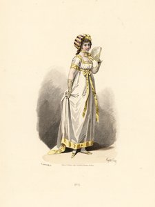 Femme en robe blanche avec garniture jaune avec éventail - Francois Claudius (after) Compte Calix