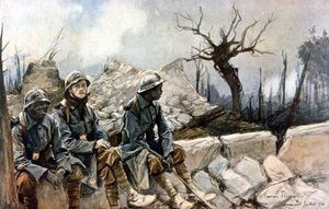 3 soldats français assis devant les ruines de l