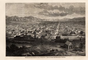 Panorama de la ville du grand lac sale, citant les Saints (Utah), dessin par Ferogio, pour illustrer le voyage de Richard Burton dans la ville des Saints, capitale du pays des Mormons, en 1860. Gravure dans « Le Tour du monde », édité par Édouard Charton - Francois Fortune Antoine (after) Ferogio