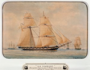 La goélette La Gazelle, par François Roux (1811-1882), aquarelle, France - Francois Geoffroy Roux